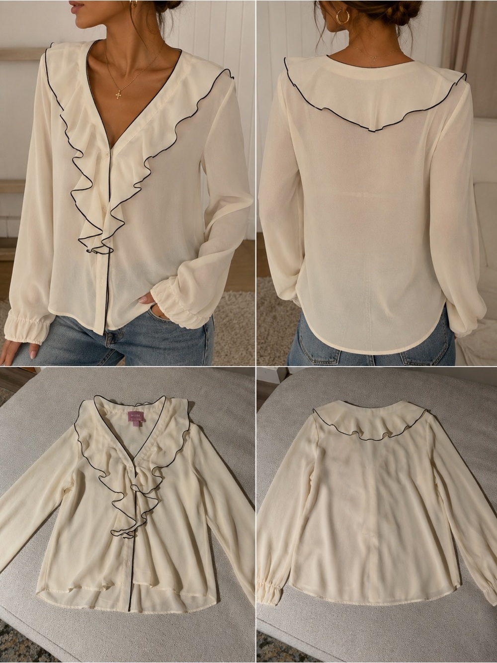Muse Cream V-Neck Ruffle Blouse with Black Trim